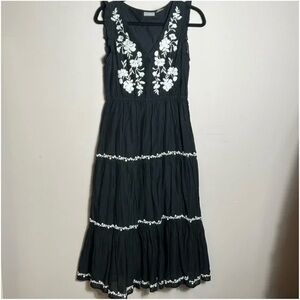 Lucky Brand Black Maxi Dress with White Floral Embroidery